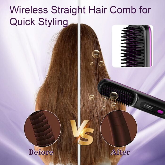 Go Brush Pro 2025 New,Cordless Hair Straightener Brush,Portable Straightener Comb, Straightening Comb Rechargeable Go Travel Hot Combs Mini with Temperature Display for Women(Black) - Image 4
