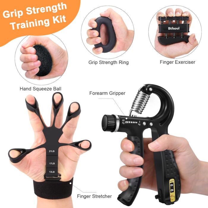 Grip Strength Trainer Kit with Hand Gripper Strengthener, Finger Exerciser, Forearm Workout Ring, Double-Sided Finger Stretcher(Gripster) and Stress Relief Ball - Image 2