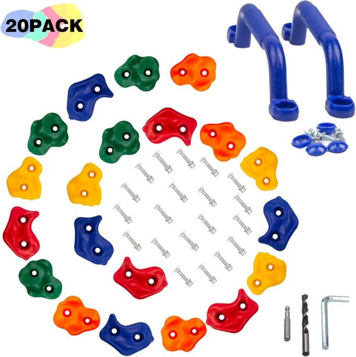 KINSPORY 20pc Rock Wall Climbing Holds Kids & Prise Escalade Enfant, Colourful Pig Nose Shape Climbing Set with Two Blue Handles for Indoor Outdoor Playground PlaySet Building - Image 4
