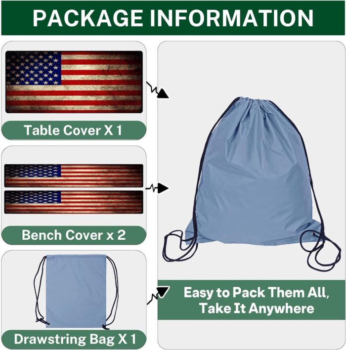 Picnic Table Cover with Bench Covers Elastic Edges, American Flag Fitted Table Cover, Outdoor Patio Camping Essentials 72 Inch 3PCS, Waterproof Camping Fitted Tablecloth with Drawstring Bag - Image 7