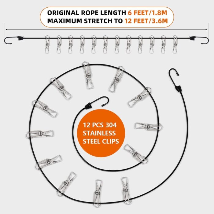 Travel Clothesline with Non-Slip Hook Clips (12pcs 304 Stainless Steel) Portable Clothes line for Cruise Ship/Beach Vacation/Camping Essentials (Patent Pending) - Image 6