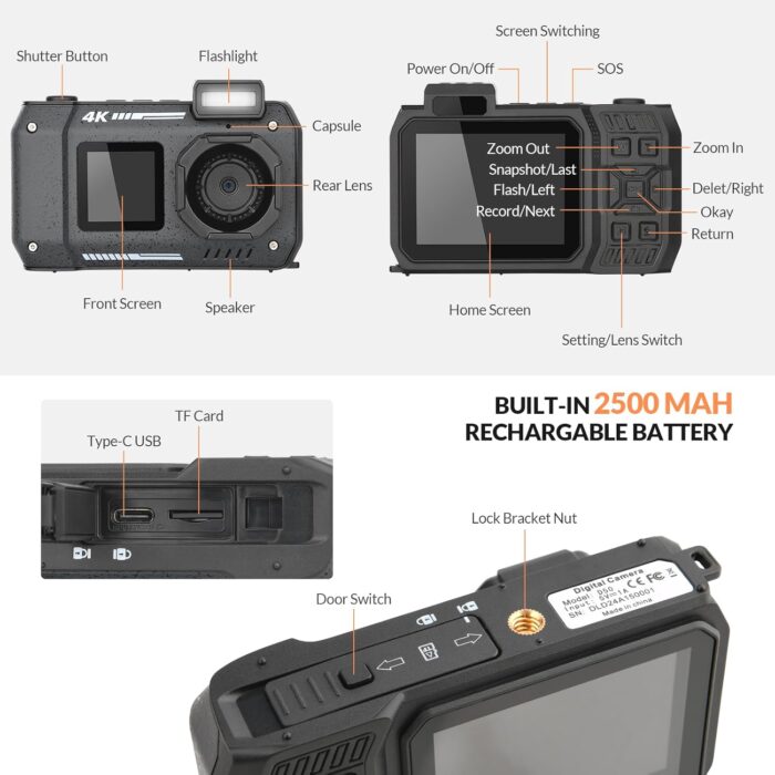 33FT Underwater Camera 4K 30FPS Waterproof Digital Camera with Dual Screens Selfie Built-in 2500 mAh Battery for Snorkeling,Novice Photographer,Black - Image 5