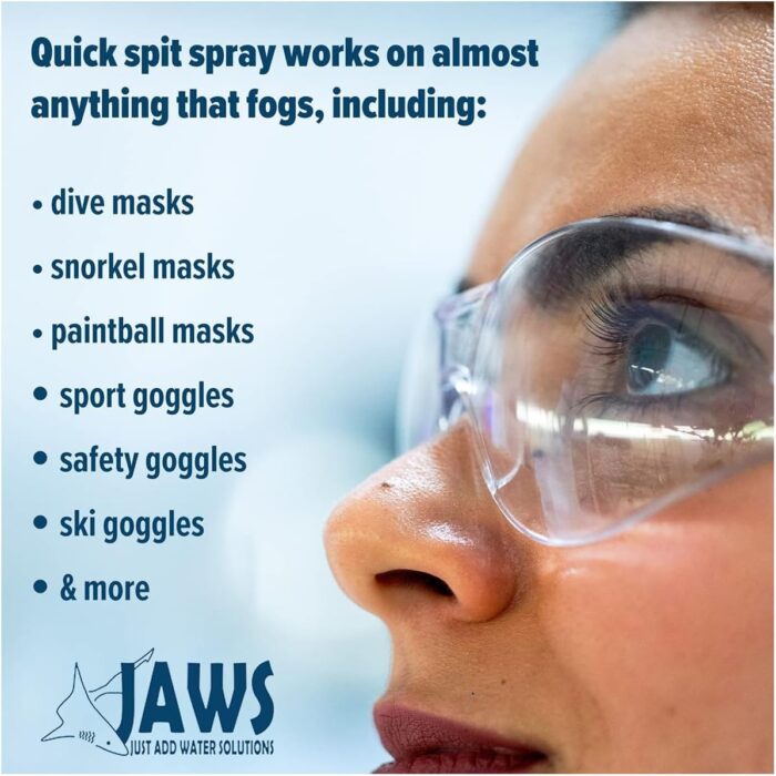 Jaws Quick Spit Anti-Fog Spray for Swim Goggles, Eye Glasses, Snorkel Mask, Scuba Divers, and Safety Eyewear, Made in The USA - Image 3