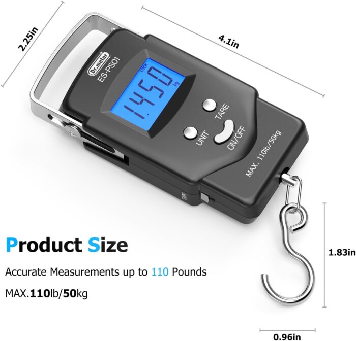 Dr.meter Fish Scale Luggage Scale - PS01 110lb/50kg Backlit LCD Display Digital Scale with Built-in Measuring Tape - Fishing Scale with 2 AAA Batteries, Pocket Size - Fishing Gifts for Men - Image 5