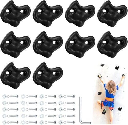 10PCS Black Rock Climbing Holds, Rock Climbing Wall for Kids, Extra Large Size Climbing Rock Wall Grips with Mounting Hardware and Wrench for Indoor Outdoor Playground, Installed on Wooden Board