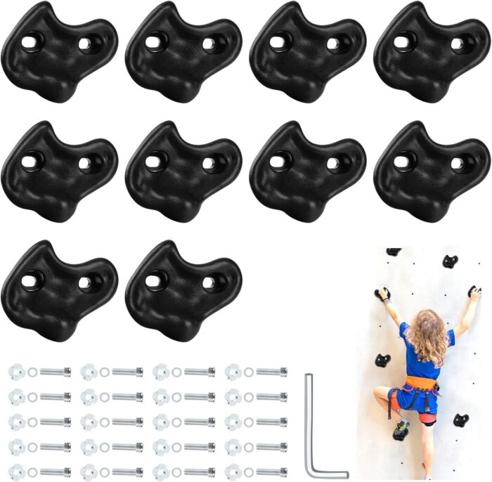 10PCS Black Rock Climbing Holds, Rock Climbing Wall for Kids, Extra Large Size Climbing Rock Wall Grips with Mounting Hardware and Wrench for Indoor Outdoor Playground, Installed on Wooden Board