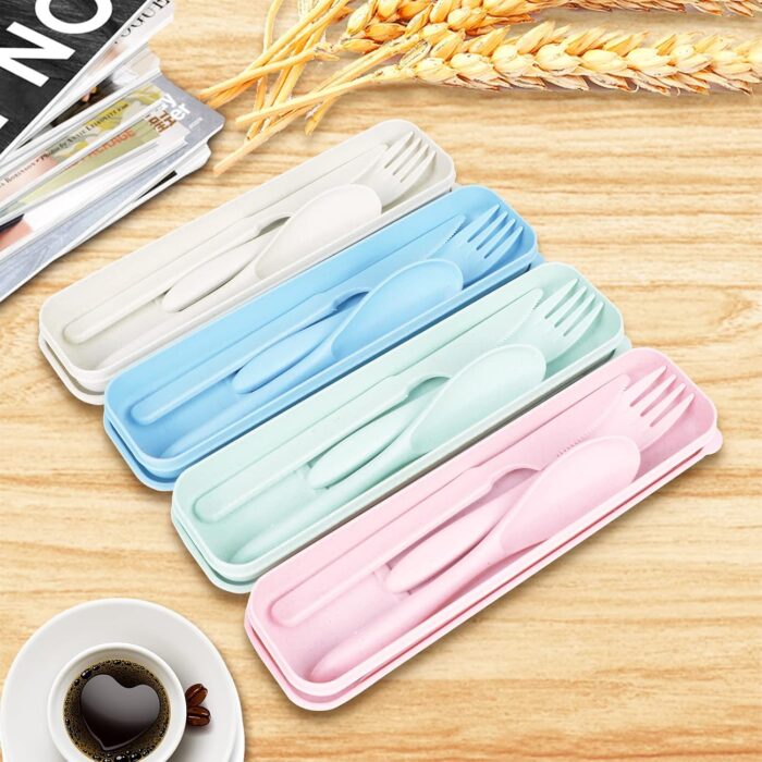 Reusable Travel Utensils Set with Case, 4 Sets Wheat Straw Portable Knife Fork Spoons Tableware, Eco-Friendly BPA Free Cutlery for Kids Adults Picnic Camping Utensils(Green, Beige, Pink, Blue) - Image 6