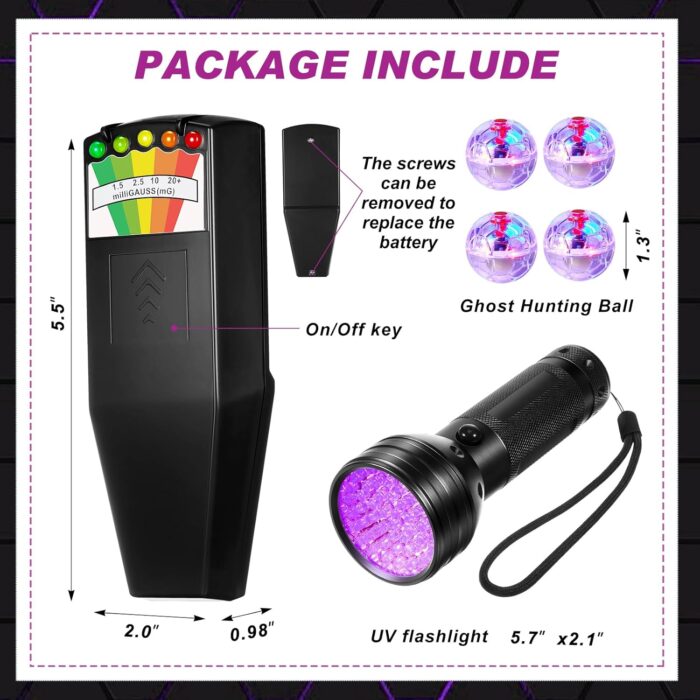 Dunzy 6 Pcs Ghost Hunting Equipment Kit Include 1 Emf Meter 1 UV Flashlight and 4 LED Light up Pet Cat Ball Ghost Investigation Paranormal Equipment for Home Office Inspections Gifts(Strong Light) - Image 2