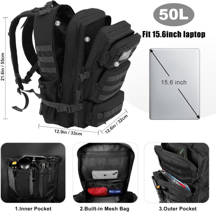50L Military Tactical Backpack Large Day Backpack for Men Molle Army 3 Days Assault Pack Bug Out Bag Water Resistant and Heavy Duty Hiking Treeking Rucksack - Black - Image 3