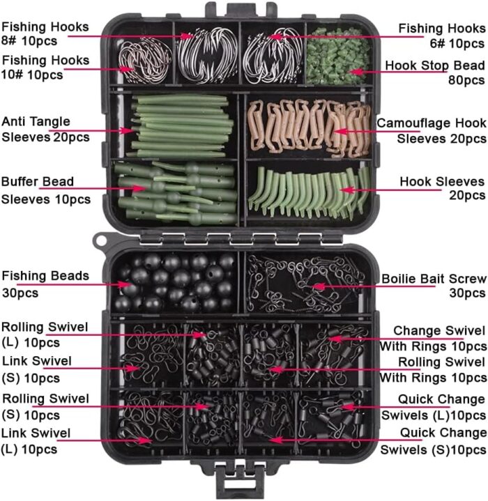 Carp Fishing Tackle Box Kit - 320pcs Fishing Kit Including Swivels, Hooks, Anti-Tangle Sleeves, Beads, Hook Stops, Boilie Bait, Screw Leader Rigging, Terminal Tackle - Image 3