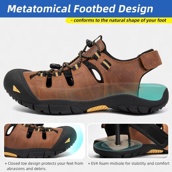 KOIMED Men's Hiking Leather Sandals Closed Toe Water Shoes For Summer Athletic Outdoor Walking Sports Trail River Fishing Wide Adjustable Waterproof Arch Support - Image 4