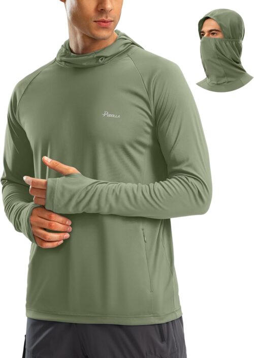 Pudolla Men's Sun Protection Hoodie UPF 50+ Fishing Hiking Shirt UV Shirts with Mask for Men Long Sleeve Lightweight