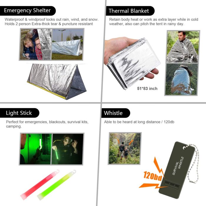 Emergency Survival Kit, 151 Pcs Survival Gear First Aid Kit, Outdoor Trauma Bag with Tactical Flashlight Knife Pliers Pen Blanket Bracelets Compass for Camping Earthquake or Adventures - Image 6