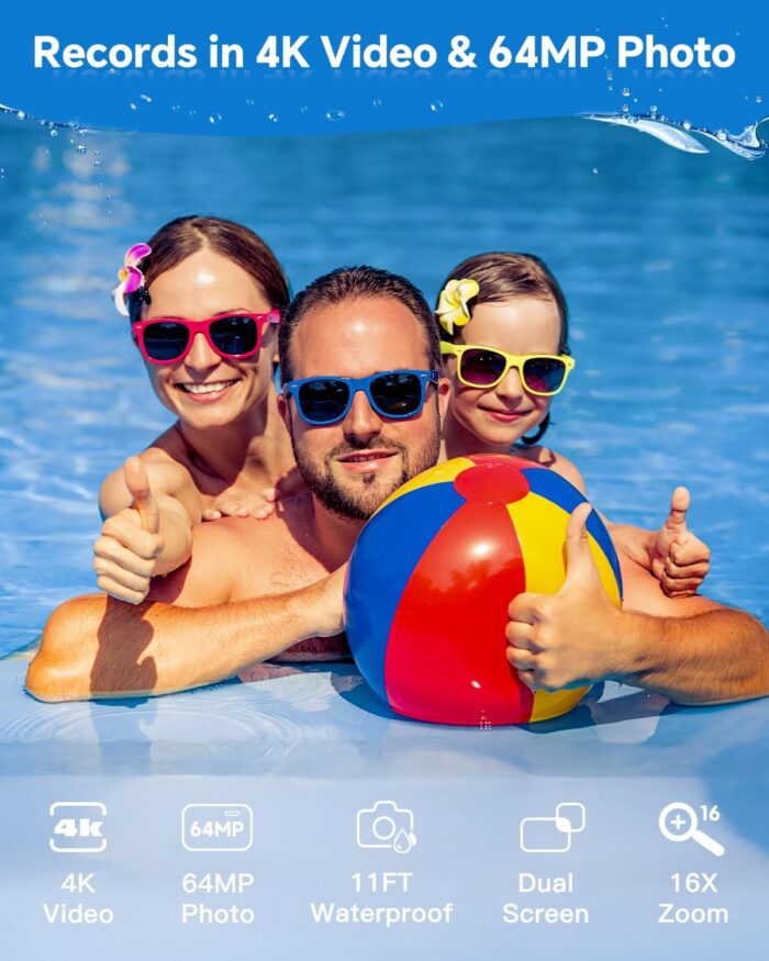 4K Underwater Camera Snorkeling 11FT Waterproof Camera 64MP Autofocus with 32GB Card Dual Screens Selfie 16X Zoom Floatable Compact Digital Camera Waterproof with 2 Batteries (Blue) - Image 2