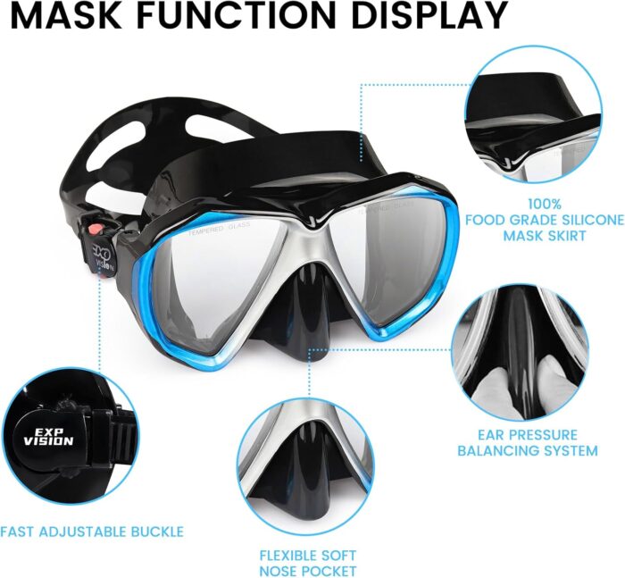 Adult Snorkel Set, Professional Snorkeling Gear Panoramic Anti-Fog Diving Goggles and Dry Snorkel Tempered Glass Scuba Mask for Diving, Snorkeling and Swimming - Image 4