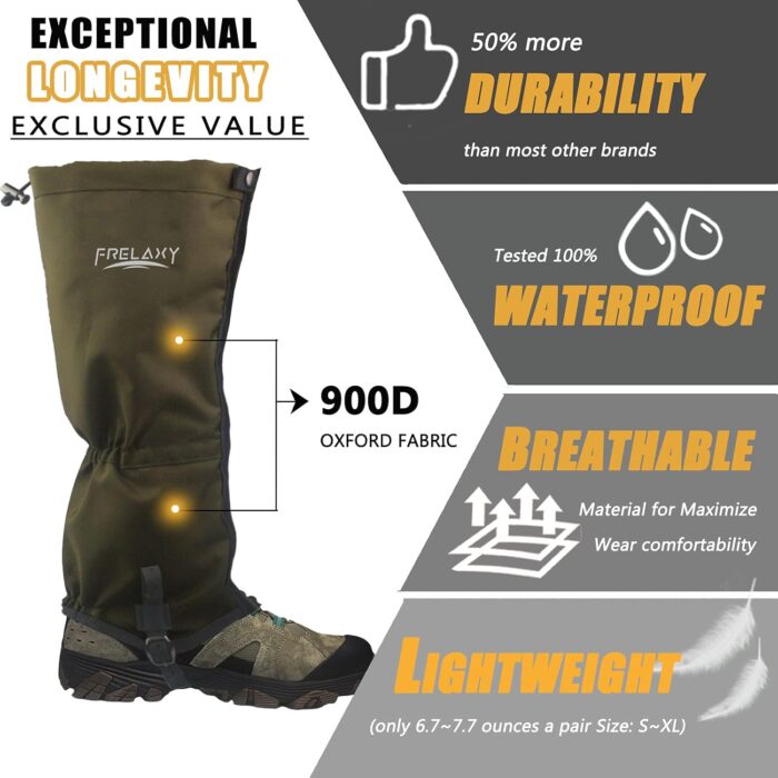 Frelaxy Leg Gaiters Ultra HIGH-Performance Hunting Gaiters, 100% Waterproof Hiking Gaiters with Upgraded Rubber Foot Strap, Adjustable Snow Boot Gaiters - Image 2