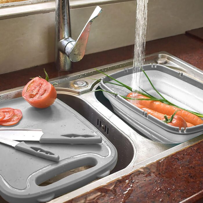Gintan Camping Cutting Board, 9-in-1 Collapsible Chopping Board with Colander, Kitchen Vegetable Washing Basket for Camping, Camping Gifts Camping Accessories for RV Campers (Gray) - Image 3
