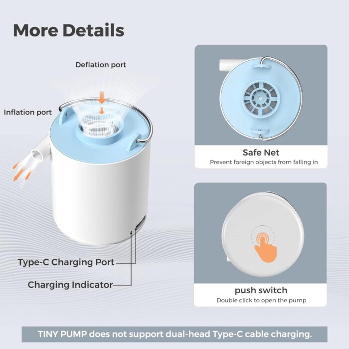 FLEXTAILGEAR Tiny Portable Ultra-Mini Air Pump with 1300mAh Battery USB Rechargeable to Inflate Deflate for Pool Floats Air Bed Mattress Swimming Ring Vacuum Storage Bags (Grey) - Image 5