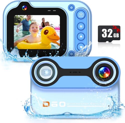 Kids Waterproof Camera, 3M/10FT Underwater Camera for Kids 1080P HD 10X Digital Camera with 2.4" IPS Screen, Children Action Camera for Boys Girls with 32GB Card, Pool Toys for Kids- Blue