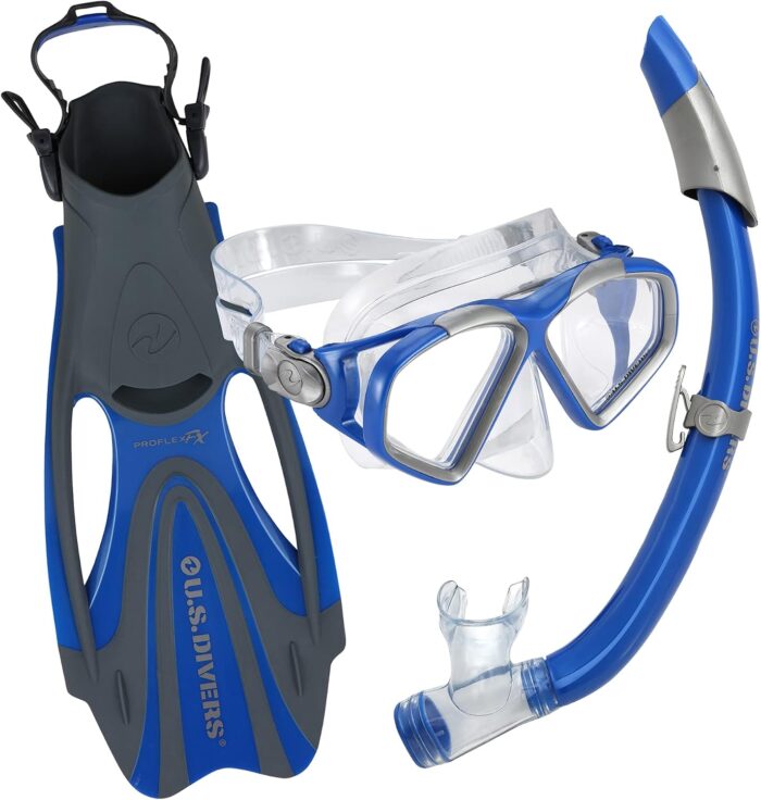 U.S. Divers Cozumel DX Seabreeze Adult Snorkeling Combo Set with Adjustable Mask, Snorkel, and Medium Fins (Men's 6.5-8/Women's 5-9.5),Blue/Silver,SR2594016M
