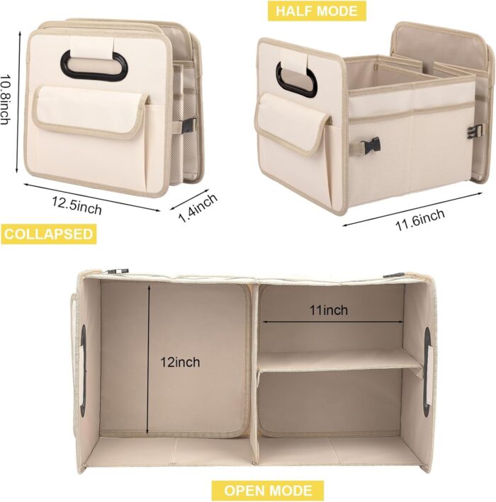 JiatuA Car Trunk Organizer, Car Organizers and Storage Collapsible Multi Compartment Container Box, Adjustable Car Accessories for SUV Sedan Truck, Standard Size, Beige - Image 7