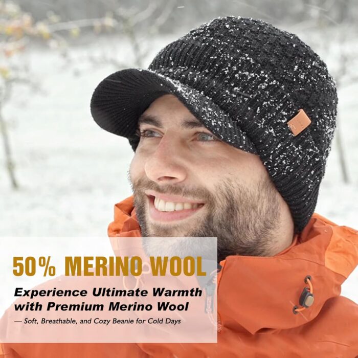 TOP-EX 50% Merino Wool Winter Hats Beanie with Brim Waterproof Warm Fleece Lined for Cold Weather - Image 4