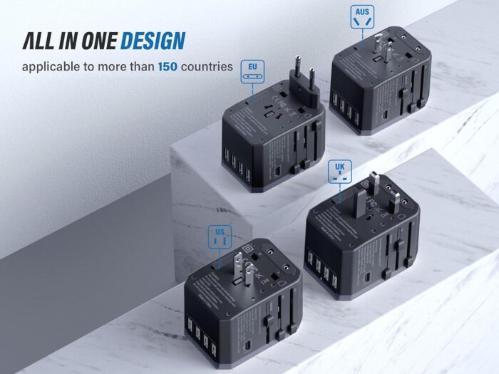 EPICKA Universal Travel Adapter, European Travel Plug Adapter - International Power Adapter Worldwide Charger with USB-C & 4 USB-A Ports, Travel Essentials for Italy, Japan, Europe, UK (TA-105, Grey) - Image 4