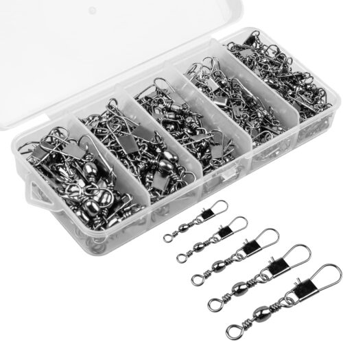 ReeMoo 200PCS Fishing Rolling Ball Bearing Barrel Swivel with Safety Snap Connector Fishing Accessories #2#4#6#8#10