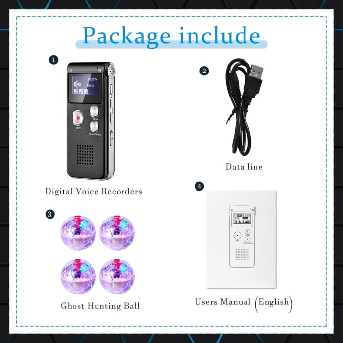 Dunzy 5 Pcs Ghost Hunting Kit Includes Digital Voice Recorders with 4 LED Cat Balls Motion Activated Cat Ball Toy Voice Activated Recorder with Playback for Pet Dog Animals(Black) - Image 2