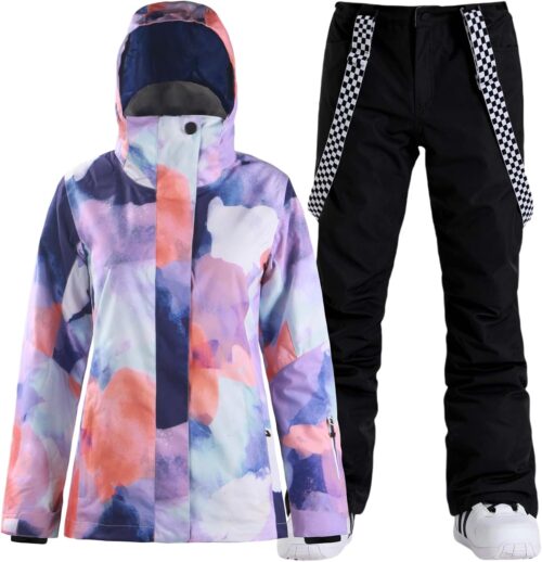 GSOU SNOW Women's Ski Jackets and Pants Set Snowboarding Snowsuit Snow Coat Hooded Waterproof Windproof