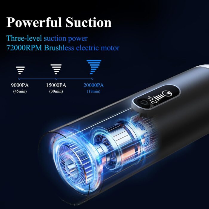 Car Vacuum Portable Cordless - 20000PA High Power Handheld Vacuum with LED Display, 2.5H Fast Charging Up to 45 Mins of Runtime, Hand Vac Cordless Rechargeable for Car Home Corner Cabinet - Image 2