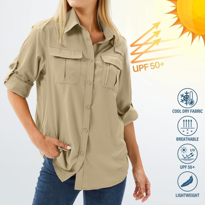 Women's UPF 50 Long Sleeve UV Sun Protection Safari Shirts Outdoor Quick Dry Fishing Hiking Travel Shirts - Image 6