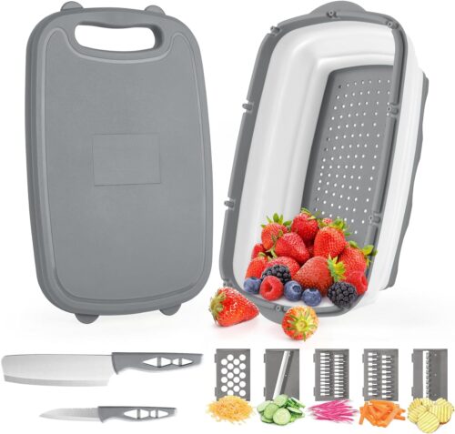 Gintan Camping Cutting Board, 9-in-1 Collapsible Chopping Board with Colander, Kitchen Vegetable Washing Basket for Camping, Camping Gifts Camping Accessories for RV Campers (Gray)