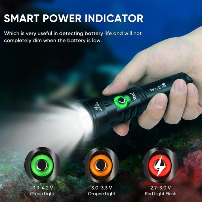 WINDFIRE High-Power Dive Lights Scuba Diving Flashlight – IPX8 Waterproof Underwater Flashlight with Power Indicator, 4 Modes, Ultra-Bright Dive Torch for Night Diving & Ocean Exploration - Image 4