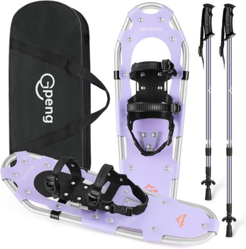 Gpeng Snowshoes for Men Women Youth Kids, Light Weight Aluminum Snow Shoes with Trekking Poles, Crampon Protector and Carrying Tote Bag (Navy Blue, 21 inch)
