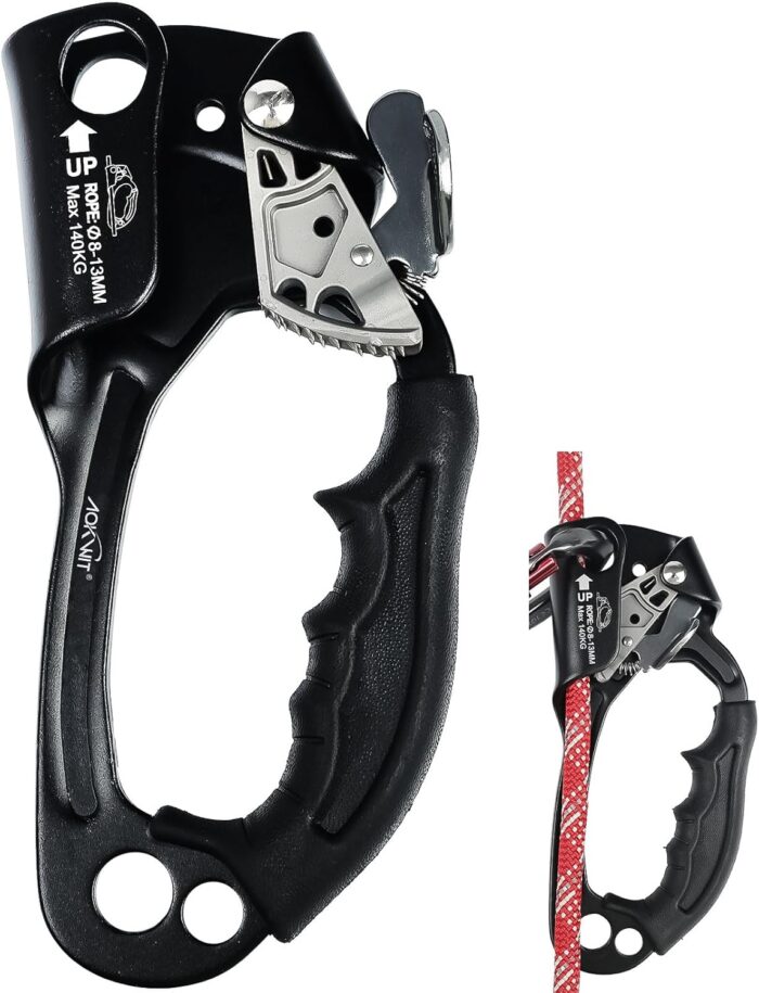 Hand Ascender High strength aluminum Alloy Climbing Ascender with Ergonomic Rubber Handle Strong Rappelling Gear Equipment for Rock Climbing Tree Arborist Rescue Mountaineering Caving Left Right Hand