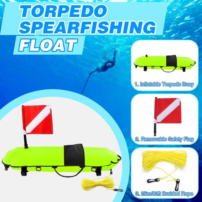 Spearfishing Buoy, Hi-Visibility Inflatable Torpedo Buoy Float Signal Floater Ball with Dive Safety Flag and 82ft Ropes for Scuba Diving, Freediving, Snorkeling, Swimming - Image 2