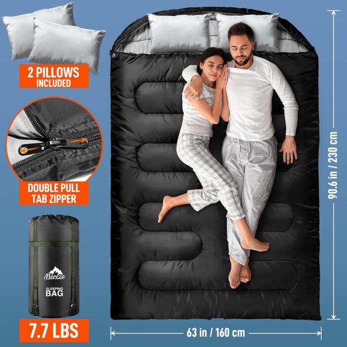 MEREZA Double Sleeping Bag for Adults Mens with Pillow, XL Queen Size Two Person Sleeping Bag for All Season Camping Hiking Backpacking 2 Person Sleeping Bags for Cold Weather & Warm - Image 6