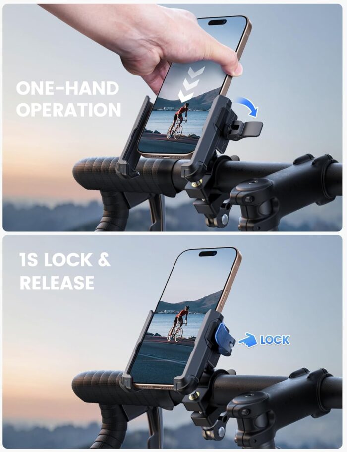 Lamicall Motorcycle Bike Phone Mount - [No Block Camera] [1s Lock] Bike Cell Phone Holder Clamp, Bicycle Scooter Handlebar Clip, for iPhone 16 15 14 Pro Max, Galaxy S25 S24 Ultra, 4.7-7" Phones - Image 3