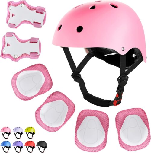 WayEee Kids Bike Helmet Set Skateboard Knee Pads, Helmet Pad Set Protective Gear Set Adjustable for Girls Kids 3-10 Helmet Elbow Pads Wrist Guards for Sport Cycling Bike Roller Skating Scooter