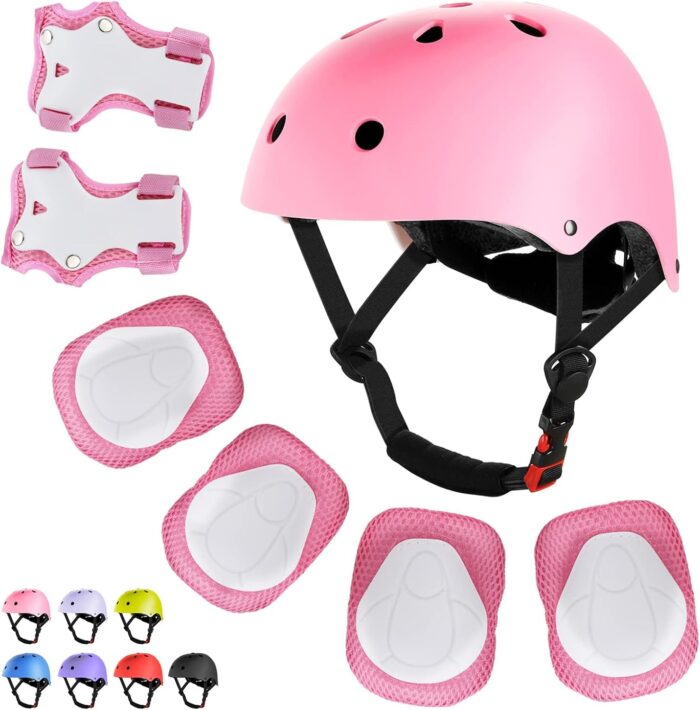 WayEee Kids Bike Helmet Set Skateboard Knee Pads, Helmet Pad Set Protective Gear Set Adjustable for Girls Kids 3-10 Helmet Elbow Pads Wrist Guards for Sport Cycling Bike Roller Skating Scooter