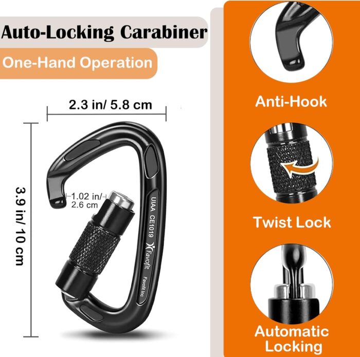 Heavy Duty Locking Climbing Carabiner - Favofit 25KN 42KN UIAA Certified Auto Lock Carabiner Clip for Arborist - 3.9'' Large Rock Climbing Hook for Hammock Rappelling Hunting - Image 4