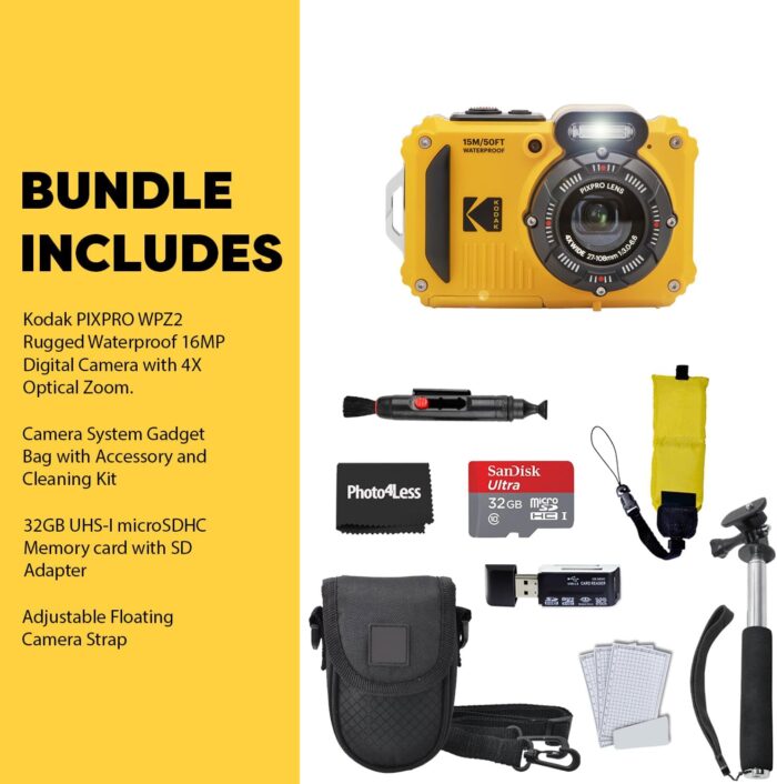 Kodak PIXPRO WPZ2 Rugged Waterproof Shockproof Digital Camera 16MP 4X Optical Zoom 1080P Full HD Video, 2.7 LCD (Yellow), 32GB SD Card, Black Compact Camera Case, Floating Strap, Bundle (7 Items) - Image 7