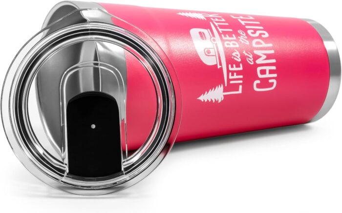 Camco Life is Better at The Campsite Tumbler | Heavy Duty Double Wall Vacuum Insulation | Crafted of 18/8 Stainless Steel | Unique “Life is Better at The Campsite” Design on Coral Pink | 20-oz (53061) - Image 3