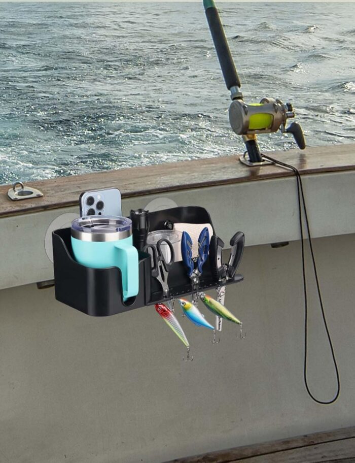 KEMIMOTO Boat Caddy Organizer, Cup Holder Installed With Screws/Suction Cups on Any Flat Surface, Storage Organizer, Cockpit Storage Box for Bass Kayak Pontoon Jon Boat - Image 8