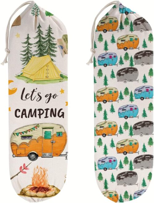 2Pcs Camper Decor Plastic Bag Holder for Camping RV Decor, Reusable Hanging Grocery Bag Organizer, Washable Large Grocery Trash Bags Storage Dispenser, Camper Rv Trailer Accessories for Inside