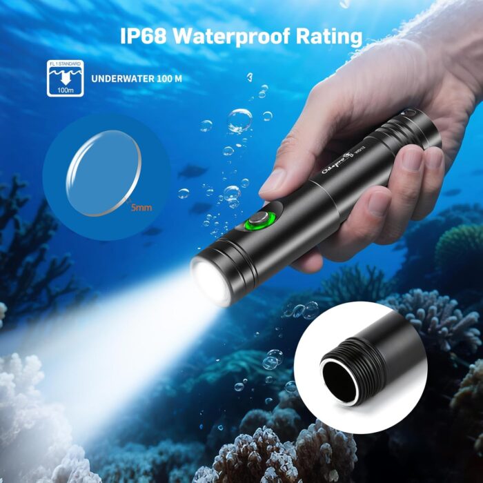 WD12 Dive Light - 980 Lumens Compact Scuba Diving Backup Light with 3 Modes, IP68 Waterproof Submersible Torch, Underwater Snorkeling Flashlight with Push Button (Black) - Image 4