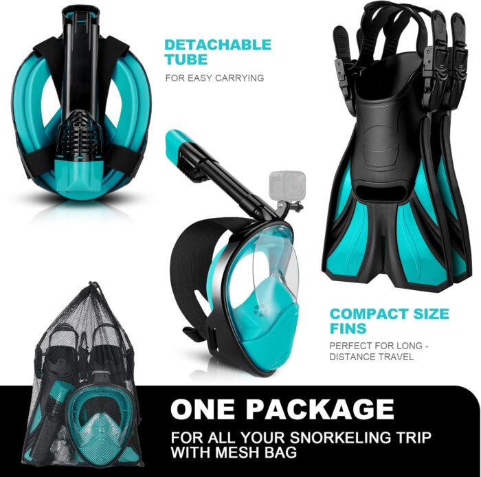 Odoland Snorkeling Packages, Full Face Snorkel Mask for Adults & Youth with Camera Mount, Adjustable Swim Fins, Anti-Fog Anti-Leak Diving Gear for Men Women Teens - Image 8