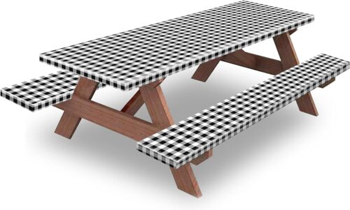 KENOBEE 6ft Picnic Table and Bench Cover, Camping Essentials RV Gear, 72in Waterproof Windproof Outdoor Elastic All Around Tablecloth, Fitted Rectangle Tables and Seats, Black-White Checkered