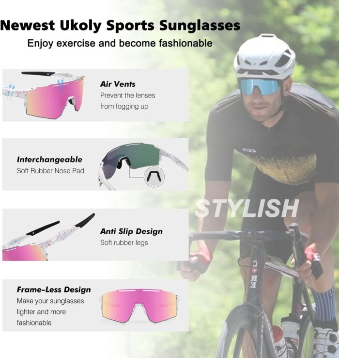 Ukoly Cycling Sunglasses for Men Women with 3 Interchangeable Lenses, Polarized Sports Sunglasses, Baseball Sunglasses - Image 4